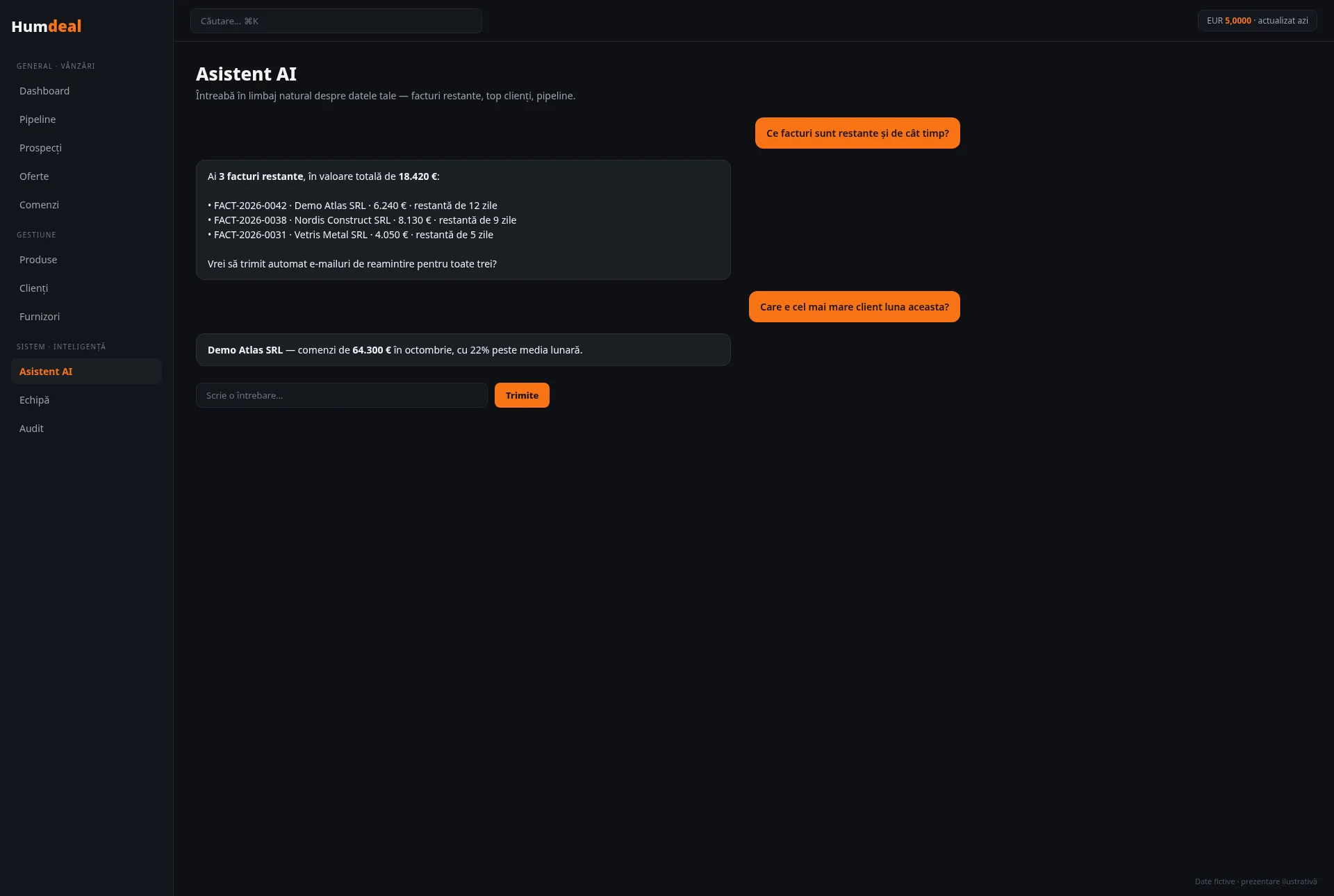 Ecran demonstrativ Humdeal, cu date fictive