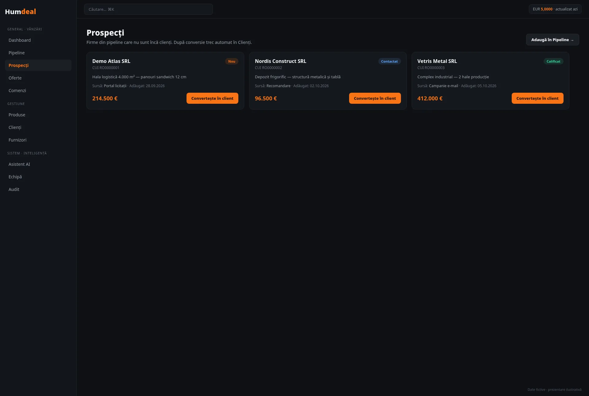 Ecran demonstrativ Humdeal, cu date fictive