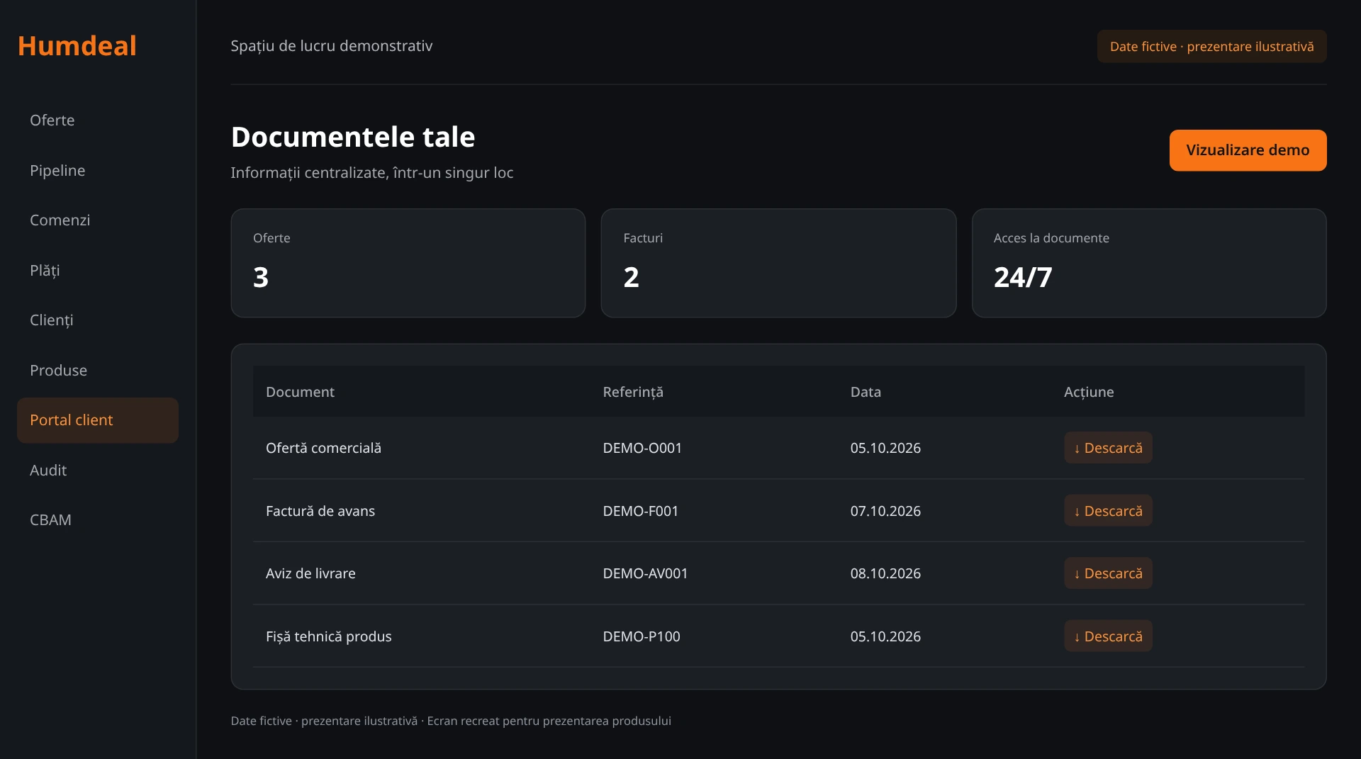 Ecran demonstrativ Humdeal, cu date fictive