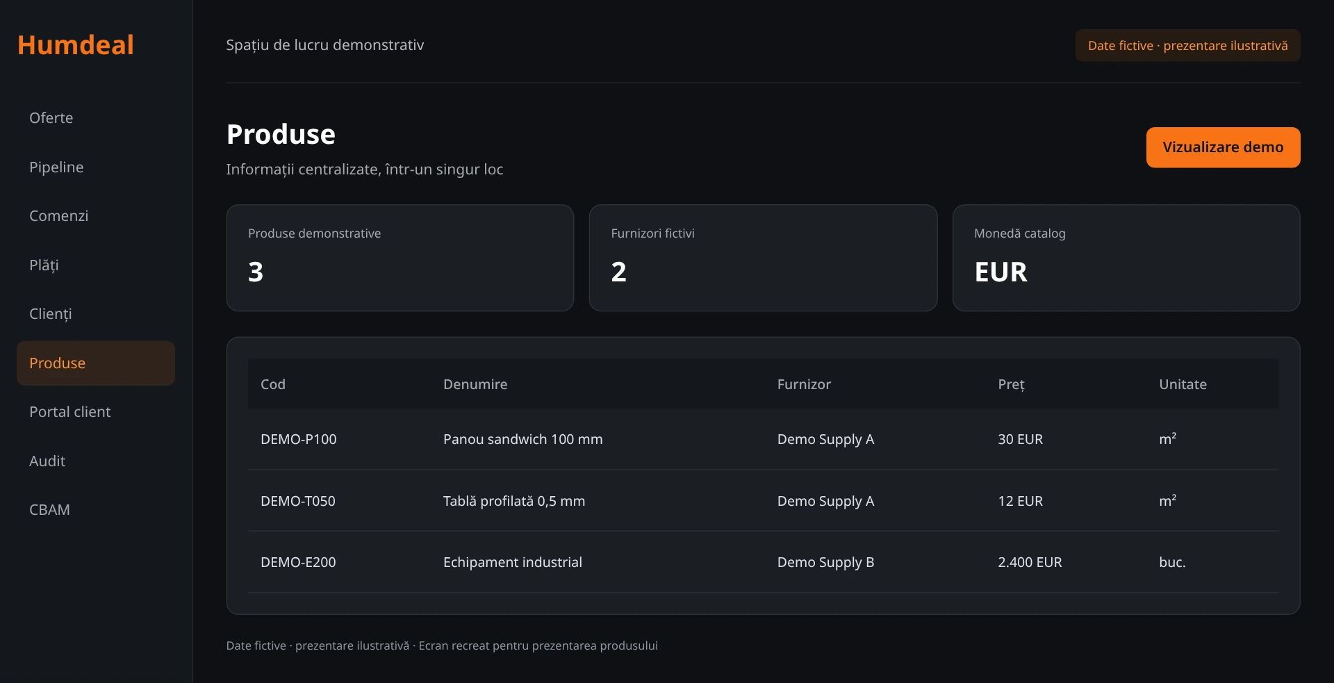 Ecran demonstrativ Humdeal, cu date fictive